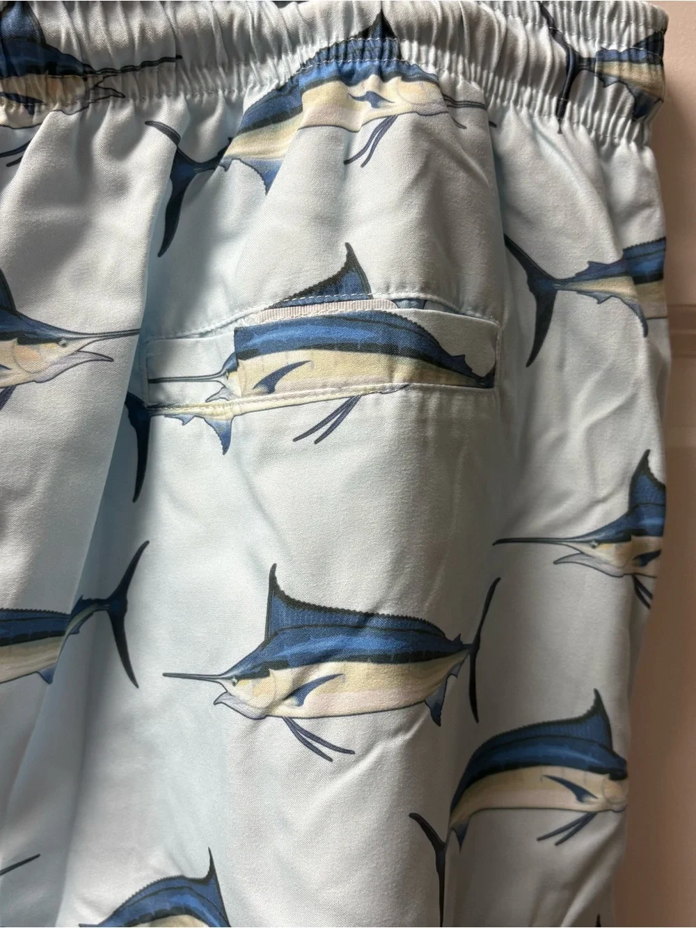 Men's Spicy Tuna Light Blue Marlin Print Swim Trunks